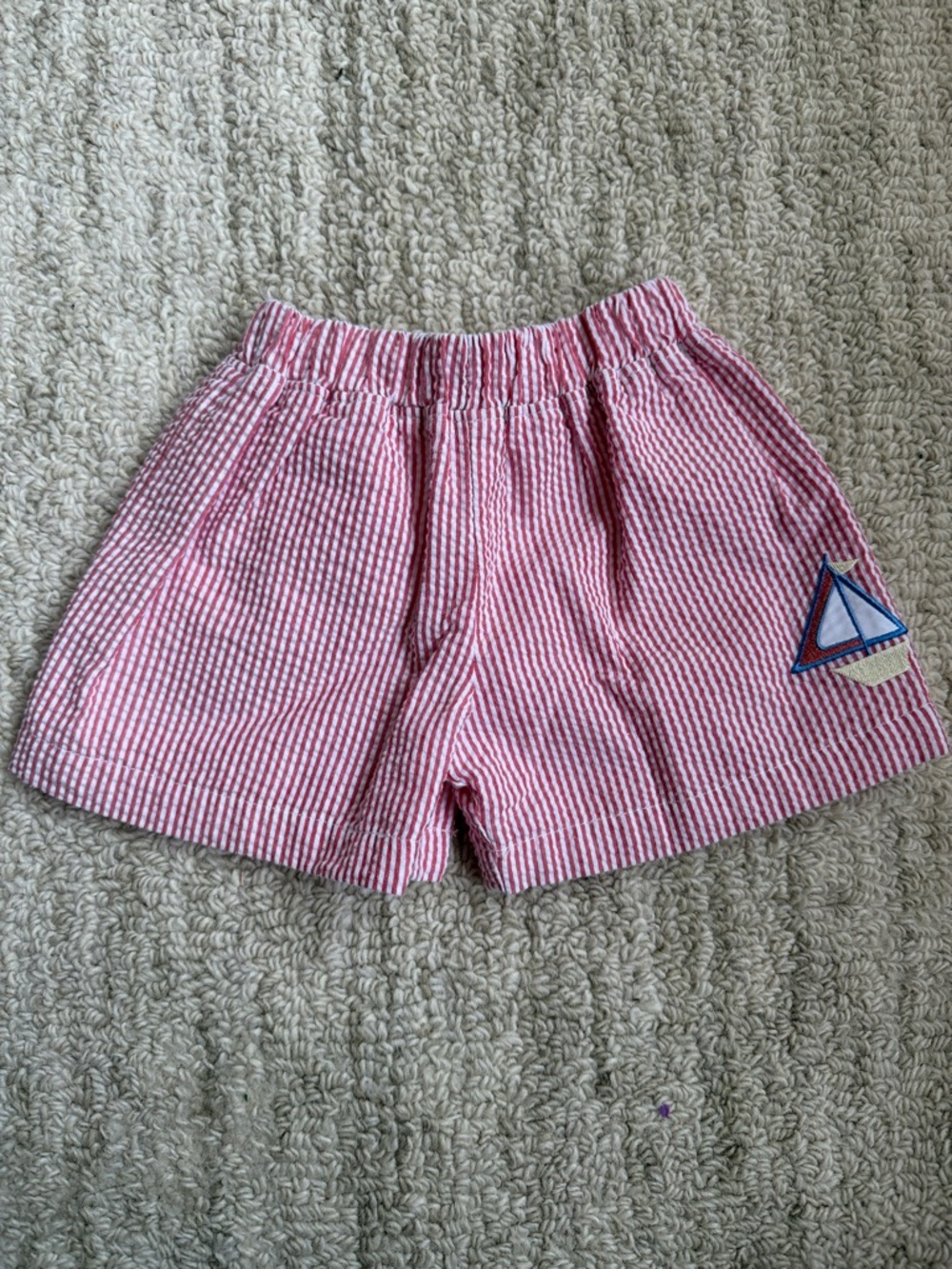 Striped Kids Seersucker Shorts with Sailboat Embroidery